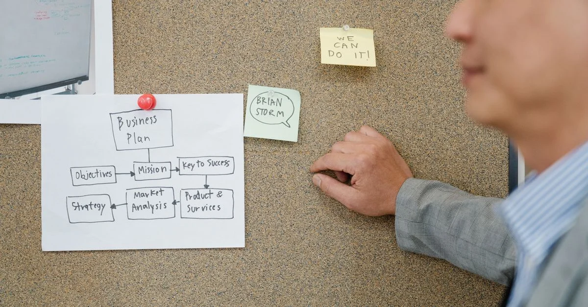Büroangestellter analysiert Geschäftsplan auf einer Korktafel, fördert Teamarbeit und strategische Planung.